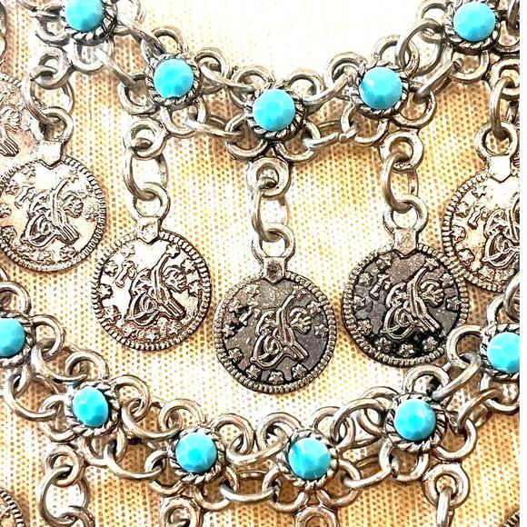 other Jewelry - 2-Tiered Grecian Silver-tone Coins with Turquoise Accents- Bib Necklace